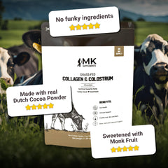 Graphic illustrating MK Supplements Collagen & Colostrum supporting gut health.
