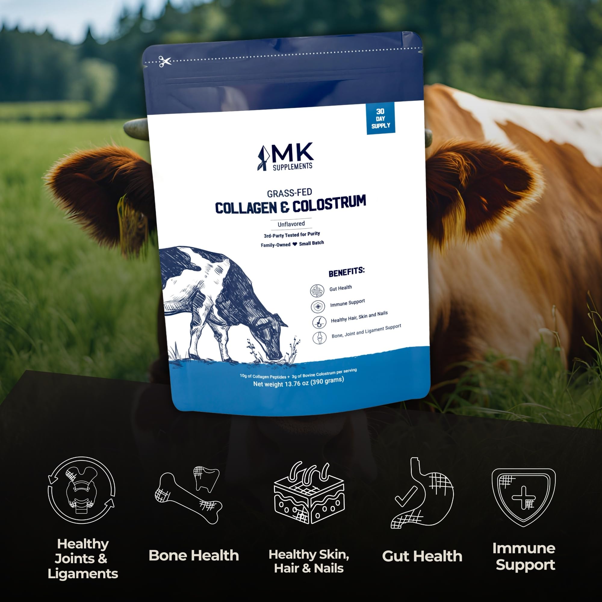 MK Supplements Collagen and Colostrum skin texture close-up suggests youthful firmness