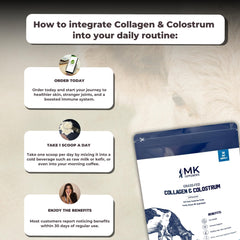 MK Supplements Collagen-Colostrum tub label highlights grass-fed ingredients and clean nutrition