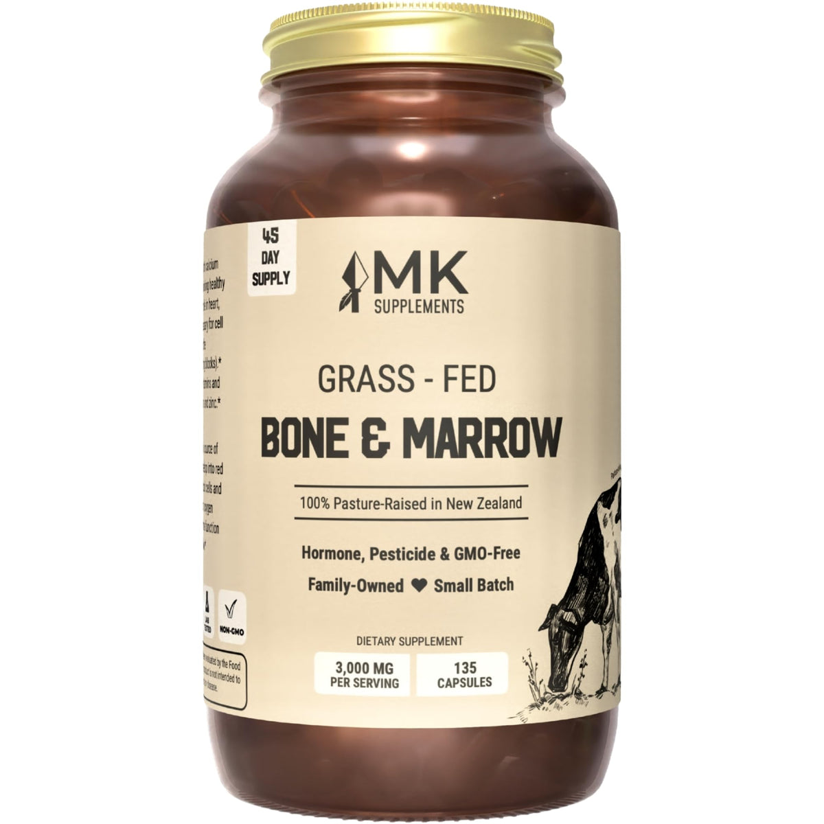 MK Supplements grass-fed beef bone marrow capsules for joint and bone support.