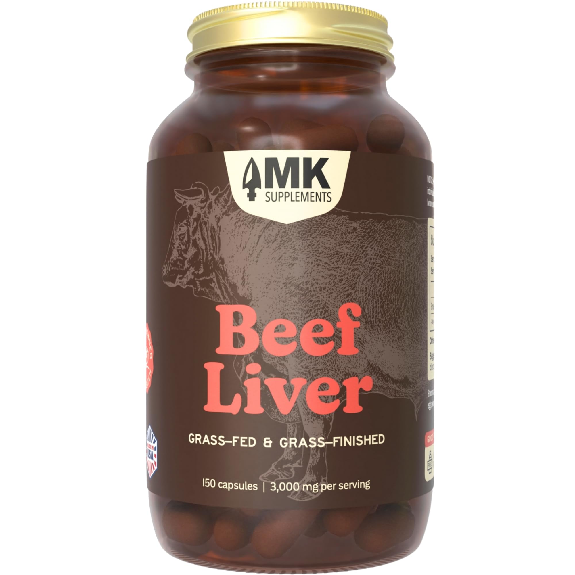 MK Supplements grass-fed beef liver bottle on shelf highlights natural energy support