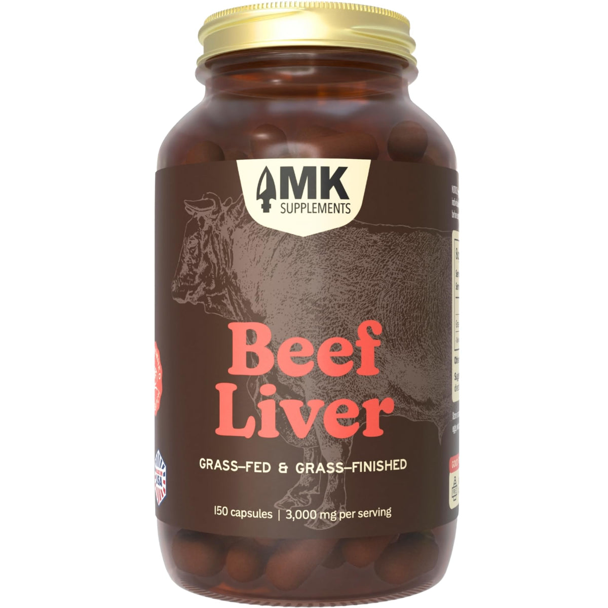 MK Supplements grass-fed beef liver bottle on shelf highlights natural energy support