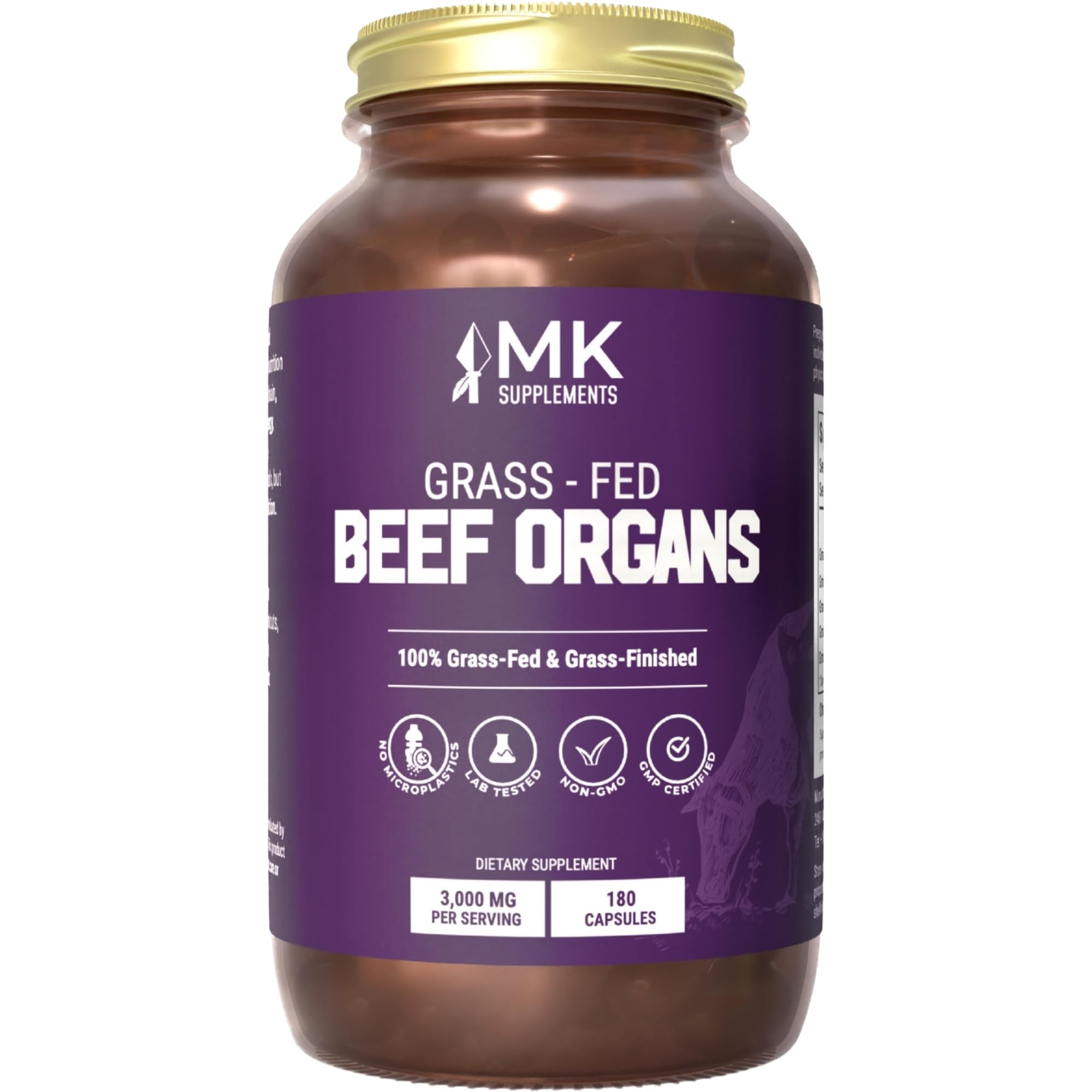 MK Supplements grass-fed beef organ bottle showing a 45-day supply for daily wellness