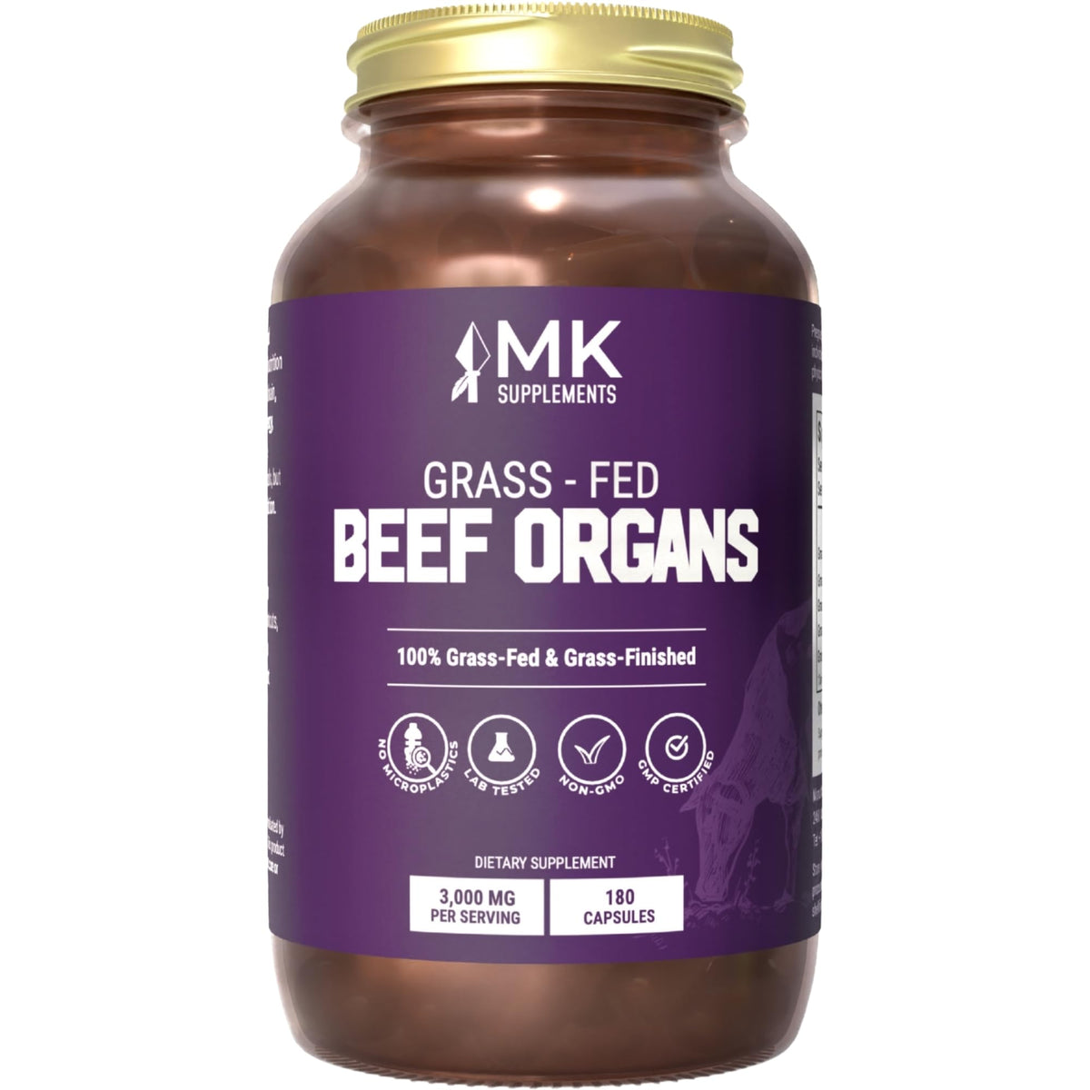 MK Supplements grass-fed beef organ bottle showing a 45-day supply for daily wellness