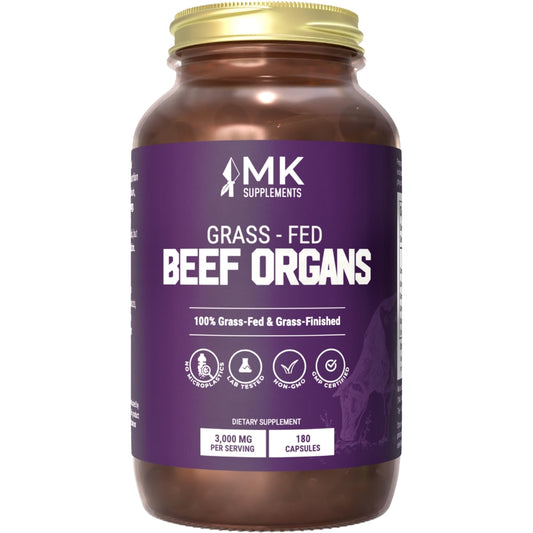 MK Supplements grass-fed beef organ bottle showing a 45-day supply for daily wellness