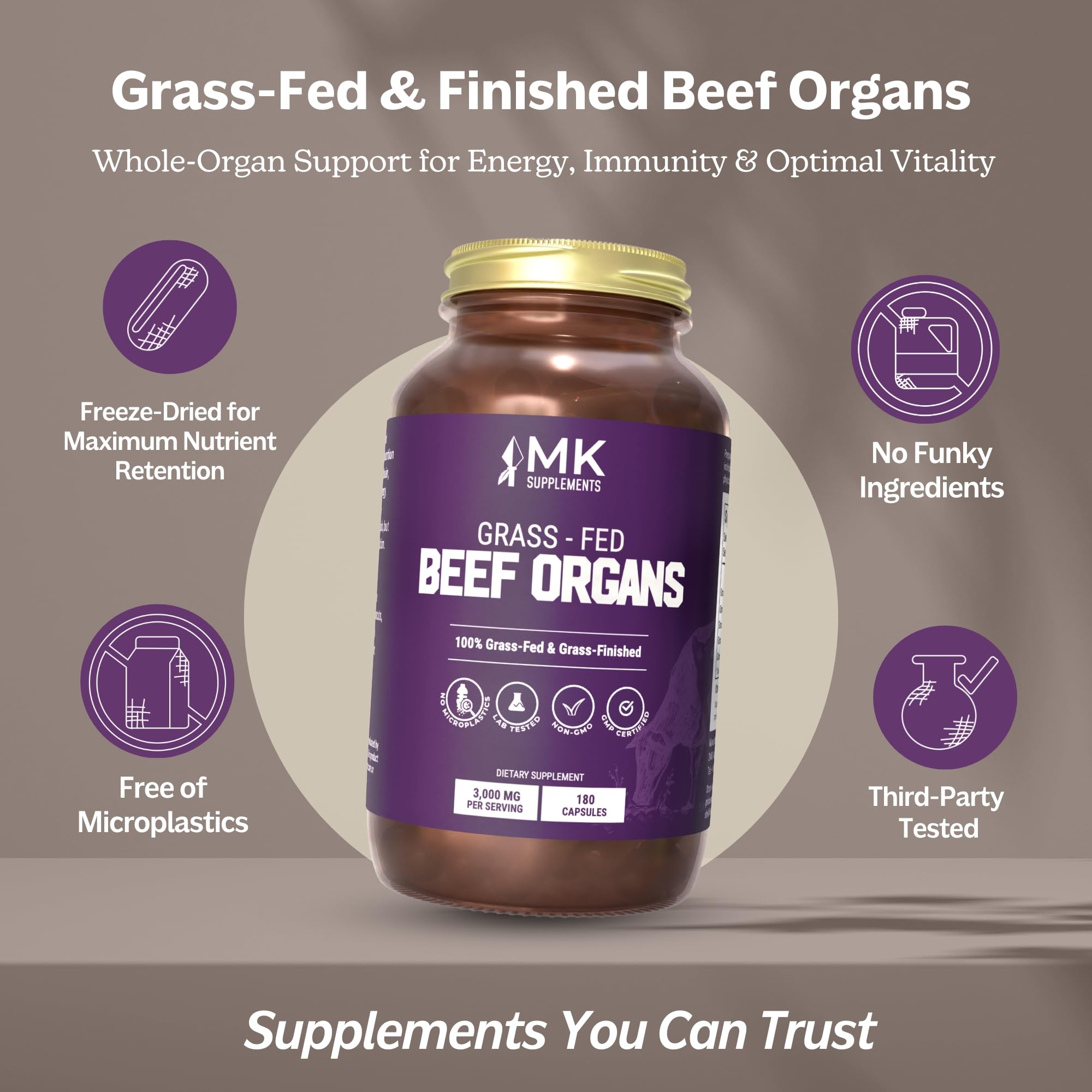 MK Supplements grass-fed beef organ packaging emphasizing purity and quality