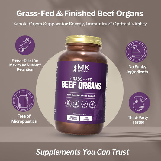 MK Supplements grass-fed beef organ packaging emphasizing purity and quality