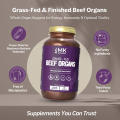 MK Supplements grass-fed beef organ packaging emphasizing purity and quality