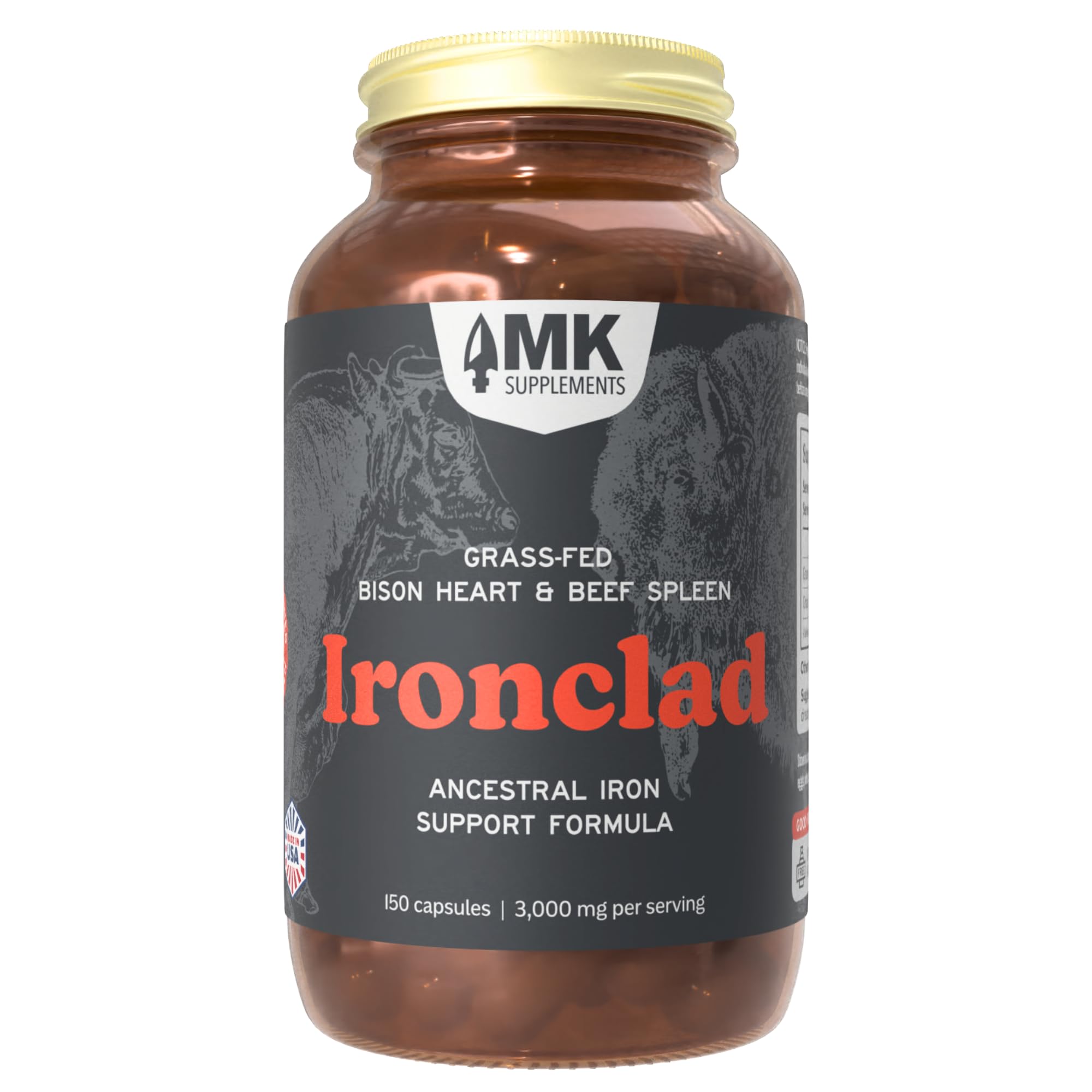 MK Supplements Ironclad bottle front showing branding and amber glass for freshness