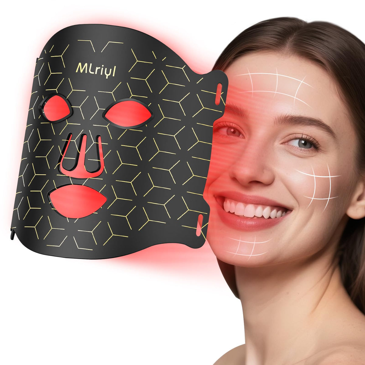 MLriyl red light therapy mask, front view, compact at-home skincare option.