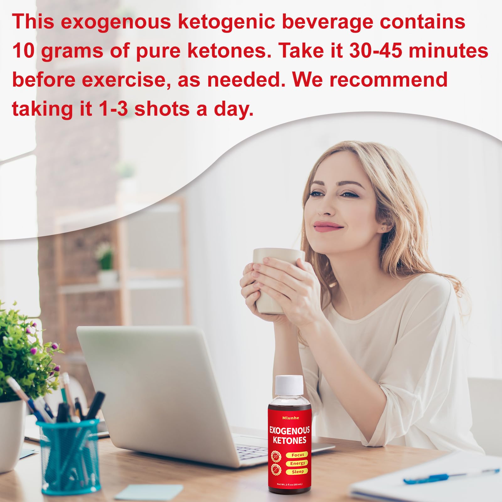 Serving-ready 2-ounce measure of Mlunhe Exogenous Ketones for quick energy.