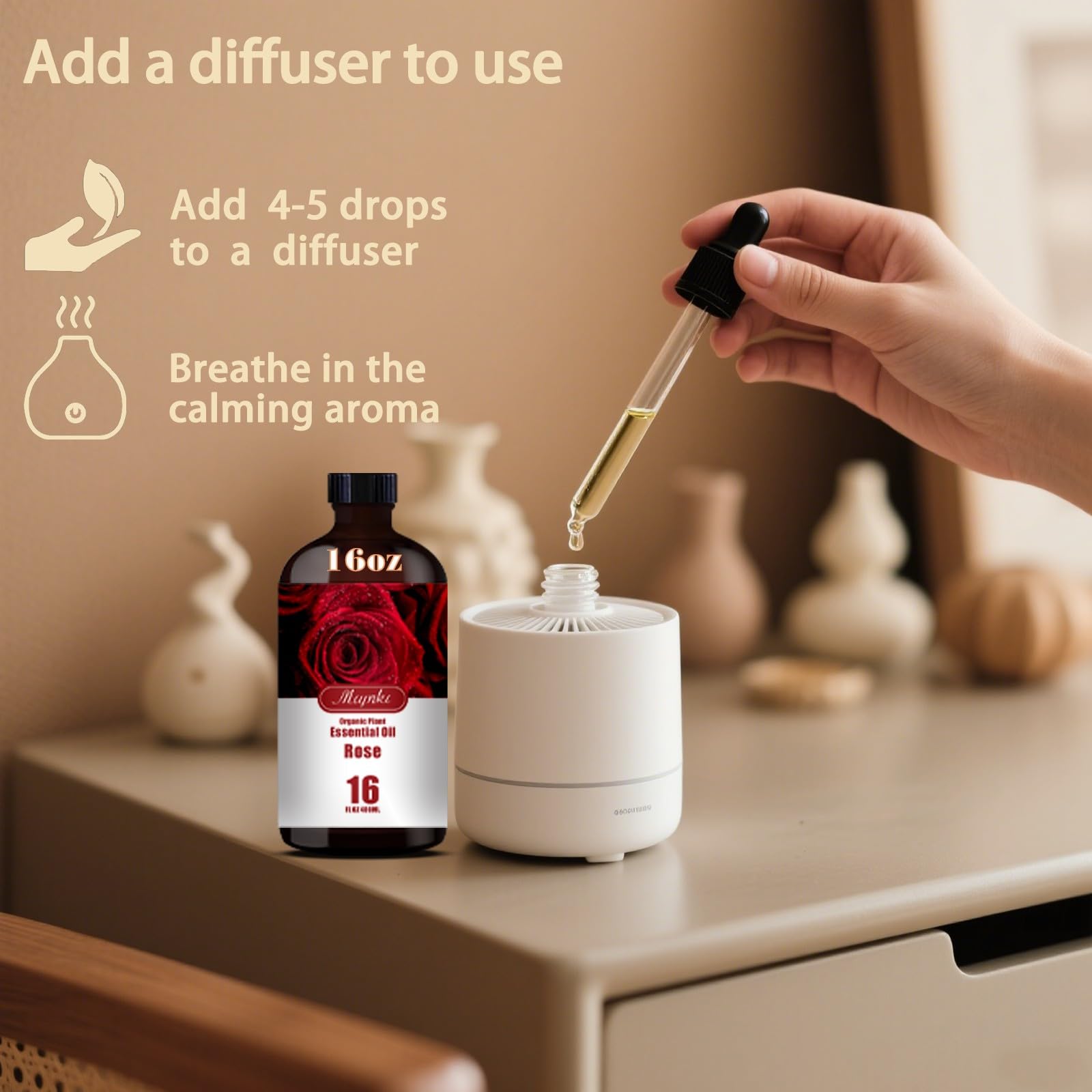 MLYNKL Rose Essential Oil dropper close-up for precise dispensing
