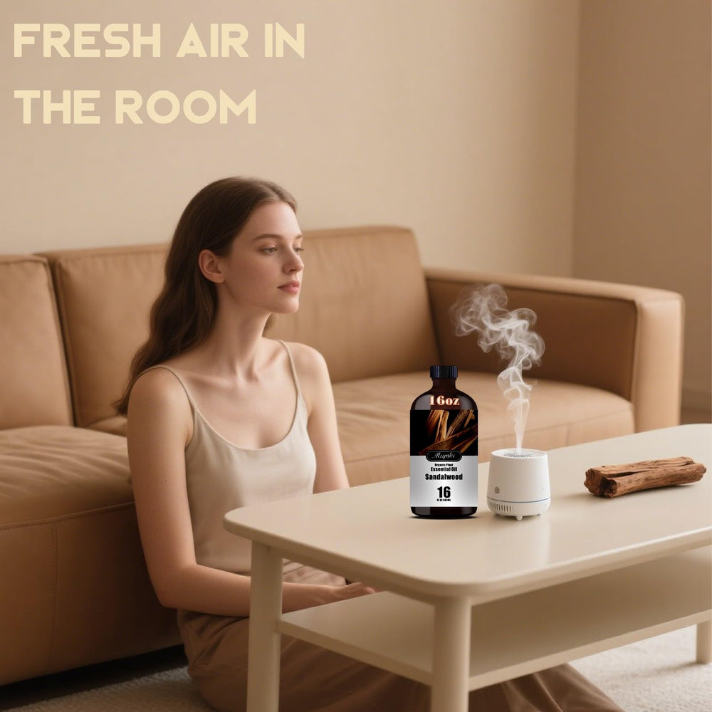 Mlynkl sandalwood essential oil in diffuser setup for peaceful home ambiance