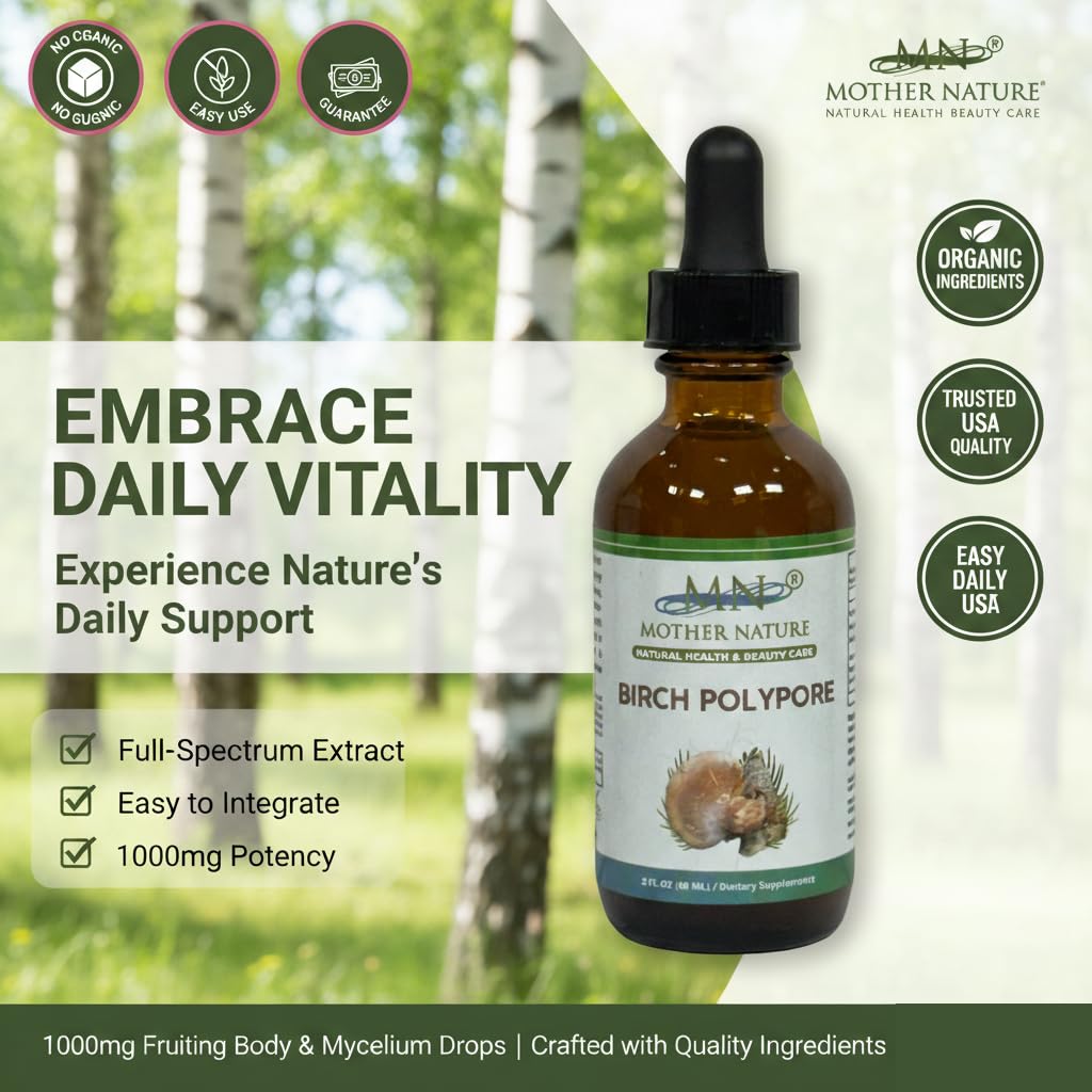 MN Mother Nature Birch Polypore bottle label shows premium sourcing