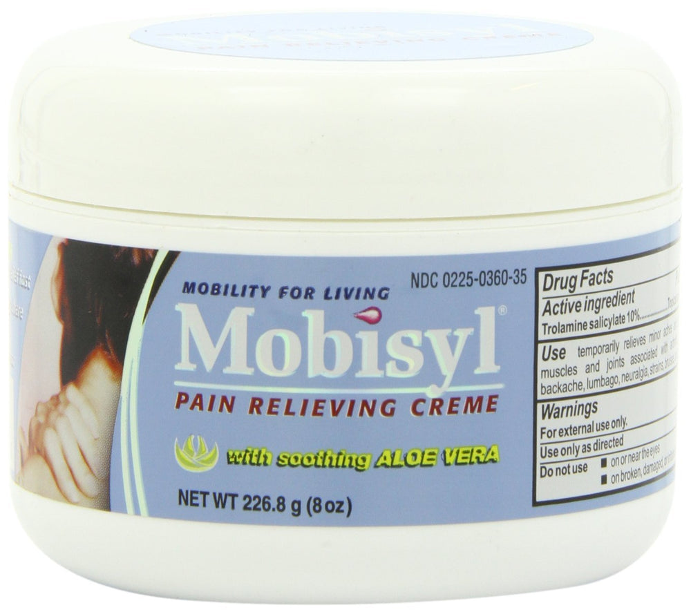 Mobisyl Pain Relieving Creme jar close-up with odorless relief.