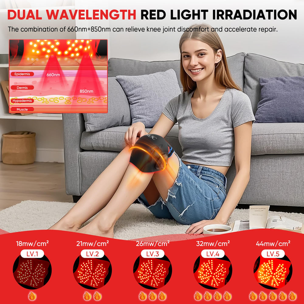 MOCKPOSE knee massager showing 3D vibration modes for relief