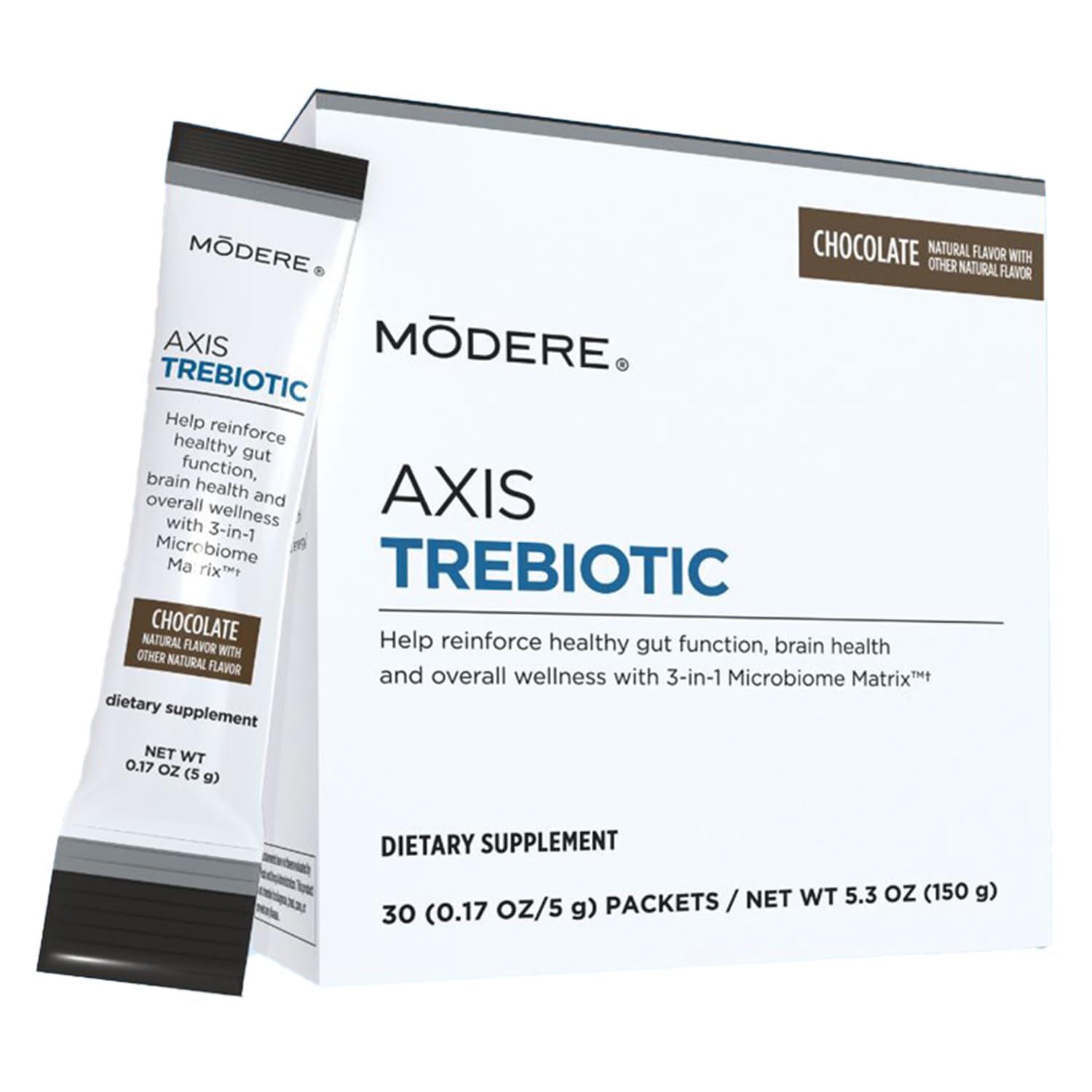 Modere Axis Trebiotic Chocolate Powder packaging shown for easy daily use.