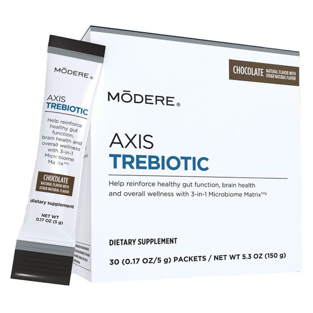 Modere Axis Trebiotic Chocolate Powder packaging shown for easy daily use.