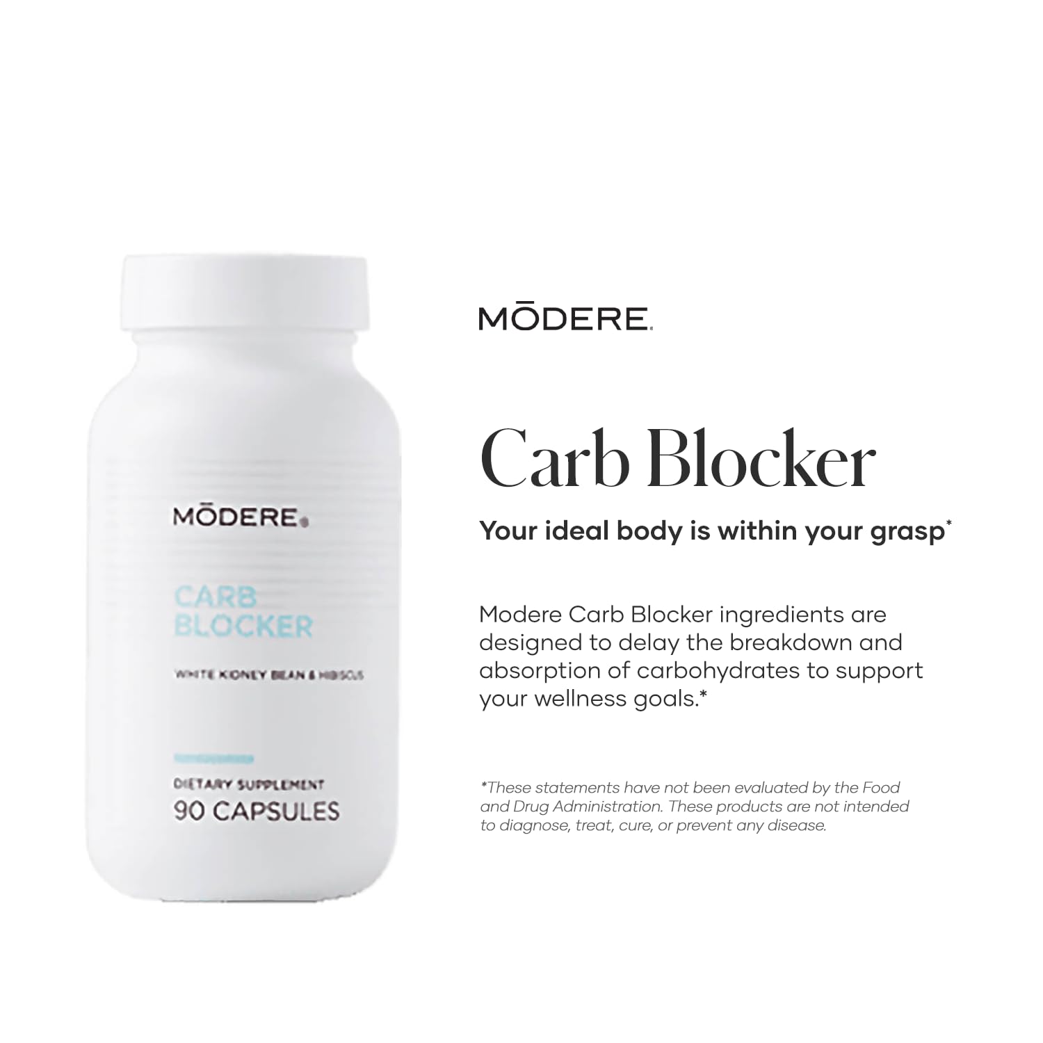 Modere Carb Blocker bottle with glass of water demonstrating easy intake.