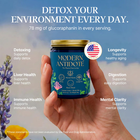 Modern Antidote Modern Toxin Detox Powder tub label closeup highlighting sulforaphane