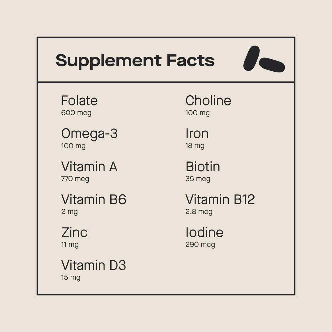 Modern Fertility Prenatal Multivitamin capsules inside bottle for daily use during preconception through lactation