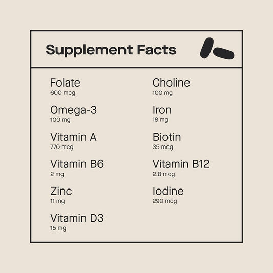 Modern Fertility Prenatal Multivitamin capsules inside bottle for daily use during preconception through lactation