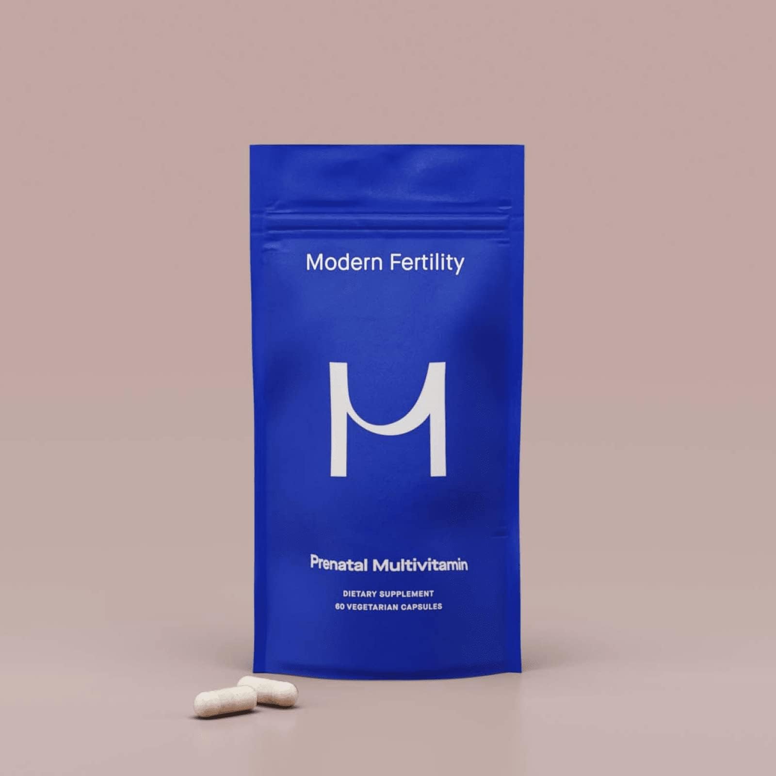 Modern Fertility Prenatal Multivitamin packaging shot featuring 60 capsules for a 30-day supply