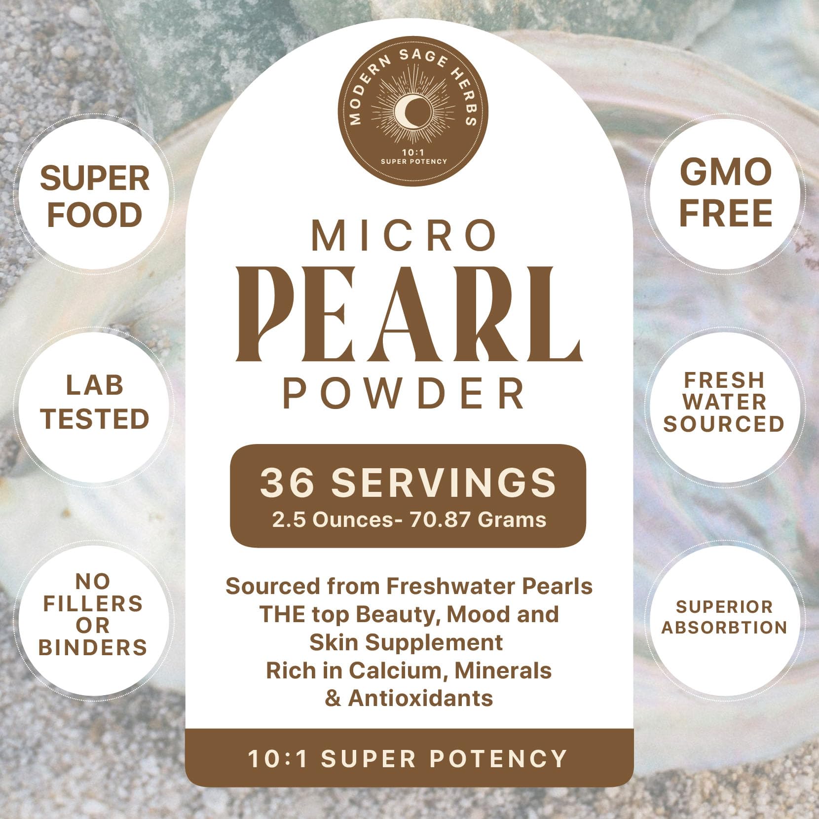 Modern Sage Herbs Pearl Powder bottle label highlighting bioavailable minerals