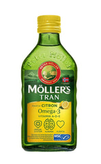 Moeller's cod liver oil citron bottle highlights Arctic sourcing and daily omega-3 benefits.