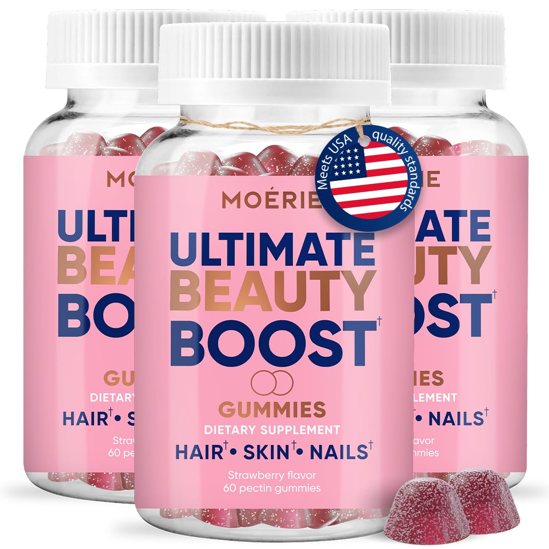 Moerie Hair Skin Nails Gummies bottle front showing a clean allergen-free supplement for daily beauty support.