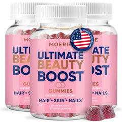 Moerie Hair Skin Nails Gummies bottle front showing a clean allergen-free supplement for daily beauty support.