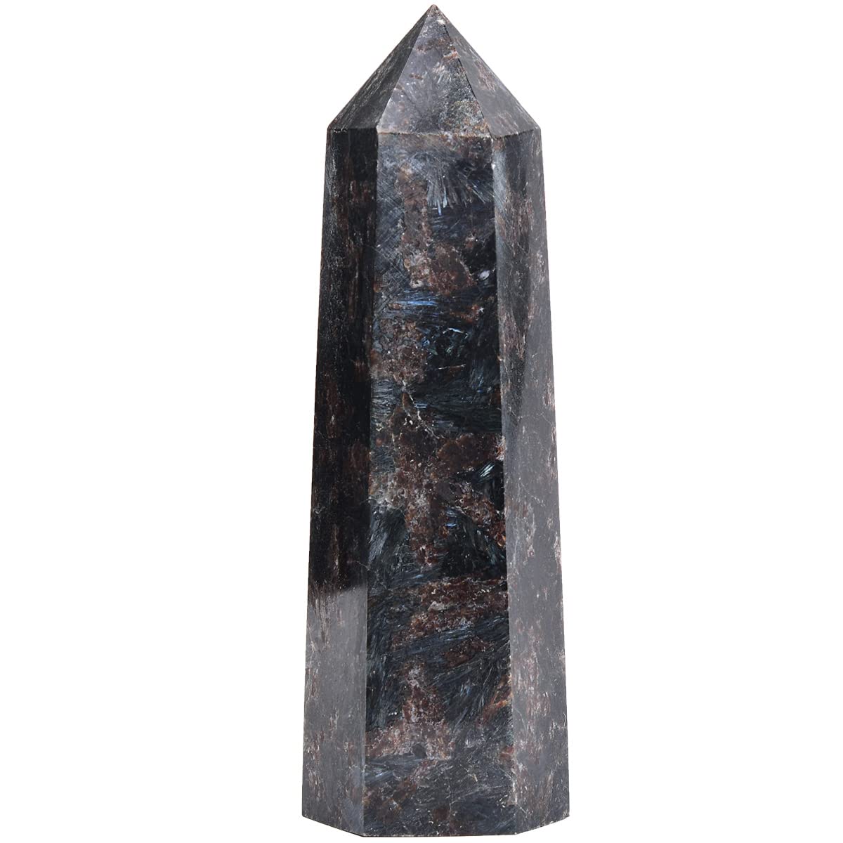 Close-up of MOGEMT Astrophyllite Obelisk showing sparkling inclusions.