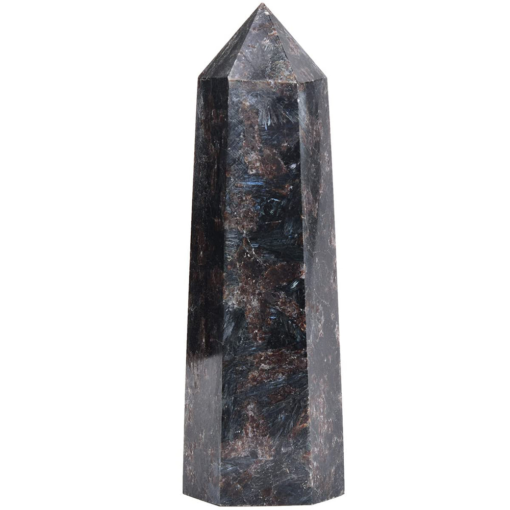Close-up of MOGEMT Astrophyllite Obelisk showing sparkling inclusions.