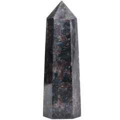 Close-up of MOGEMT Astrophyllite Obelisk showing sparkling inclusions.