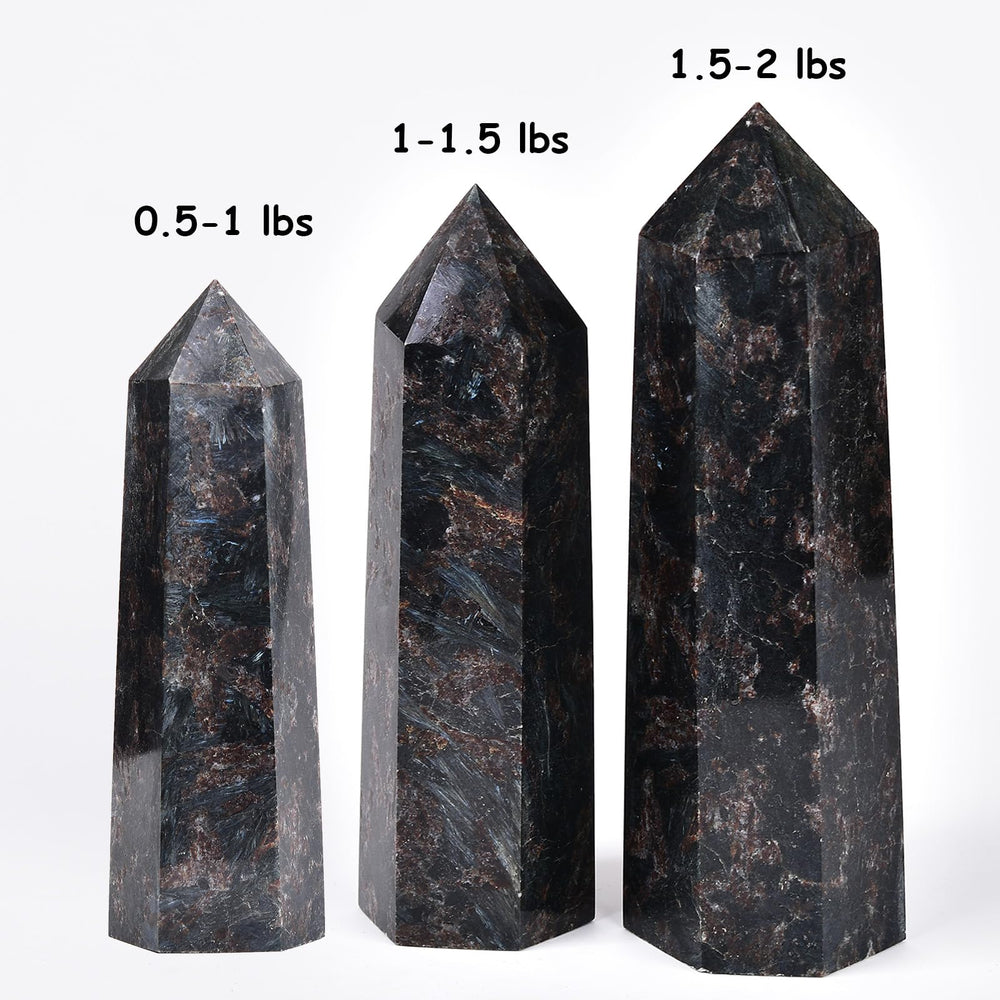 Hand-polished MOGEMT Astrophyllite Obelisk surface highlighting natural luster.
