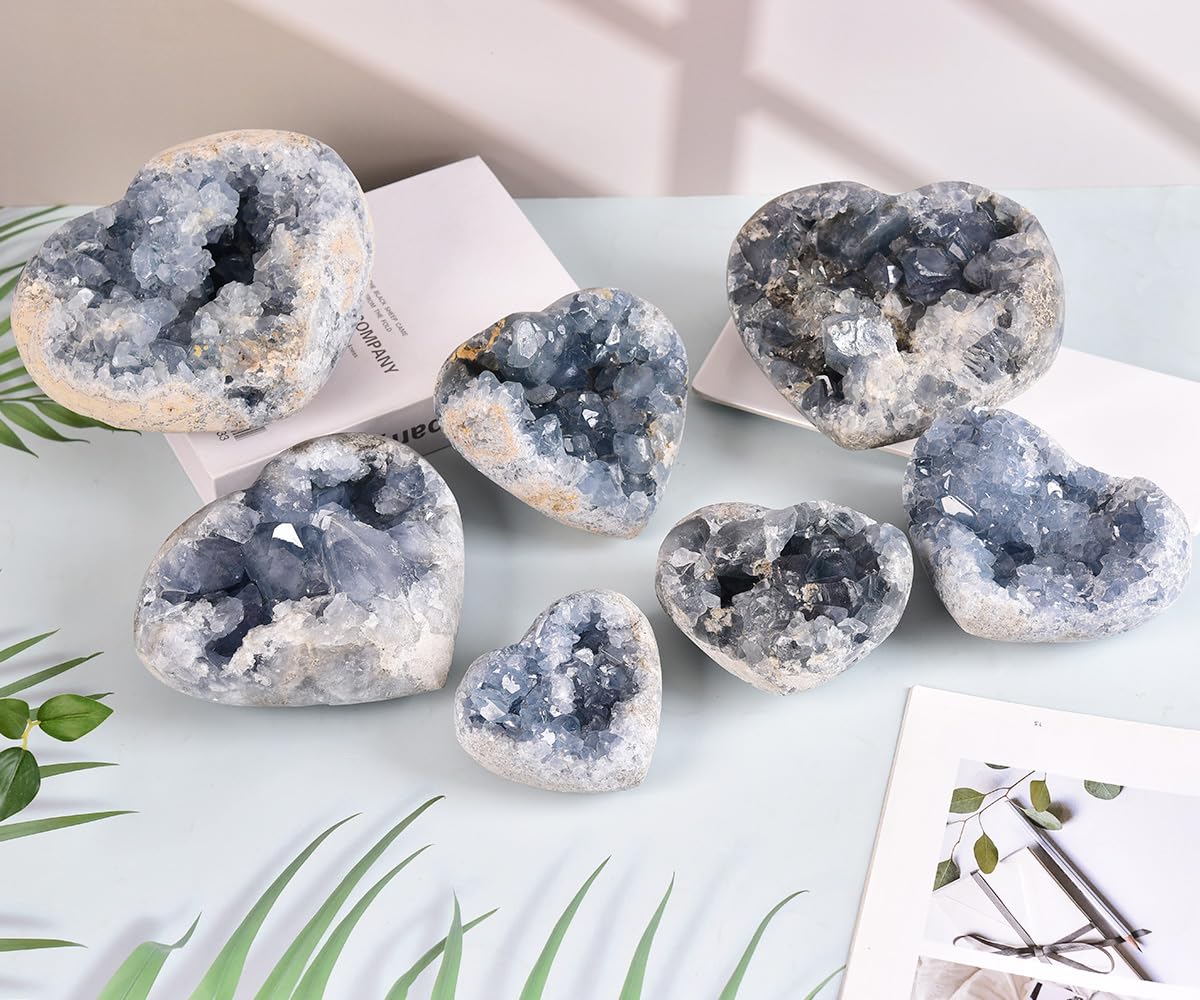 MOGEMT blue celestite geode on desk offers calming focal point