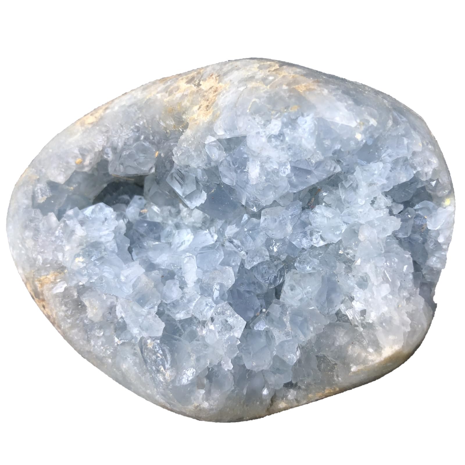 MOGEMT egg-shaped celestite geode highlighting sky blue tones for uplifting desk decor.