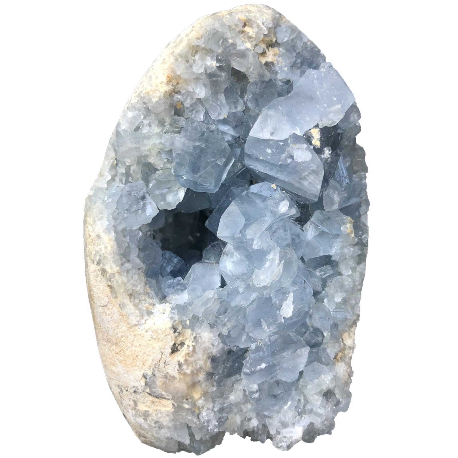 MOGEMT irregular celestite geode adds natural texture and a focal point.