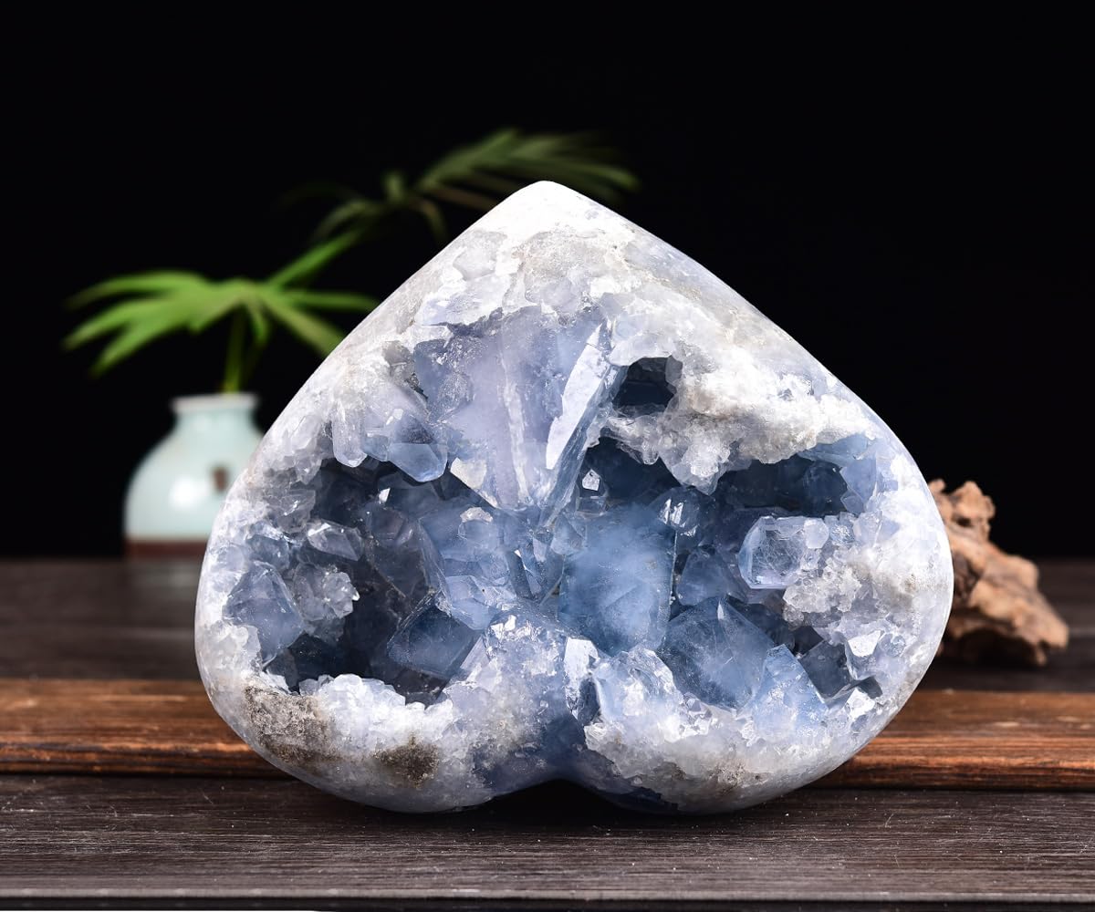 MOGEMT blue celestite geode in a bright room enhances decor