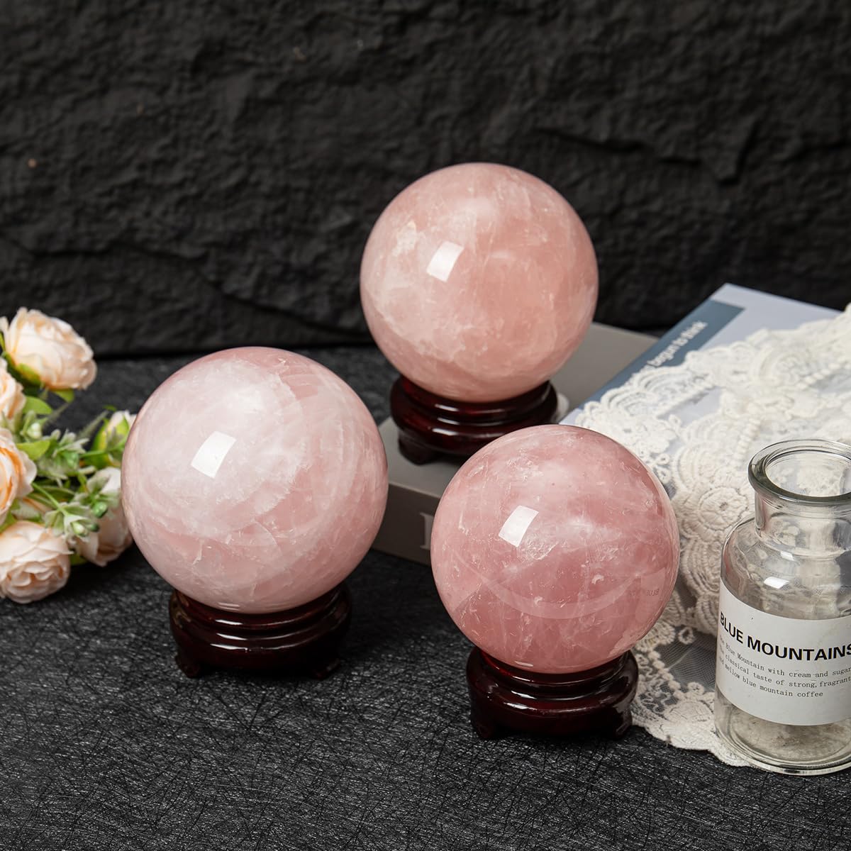 MOGEMT rose quartz sphere on base designed for stable, elegant display