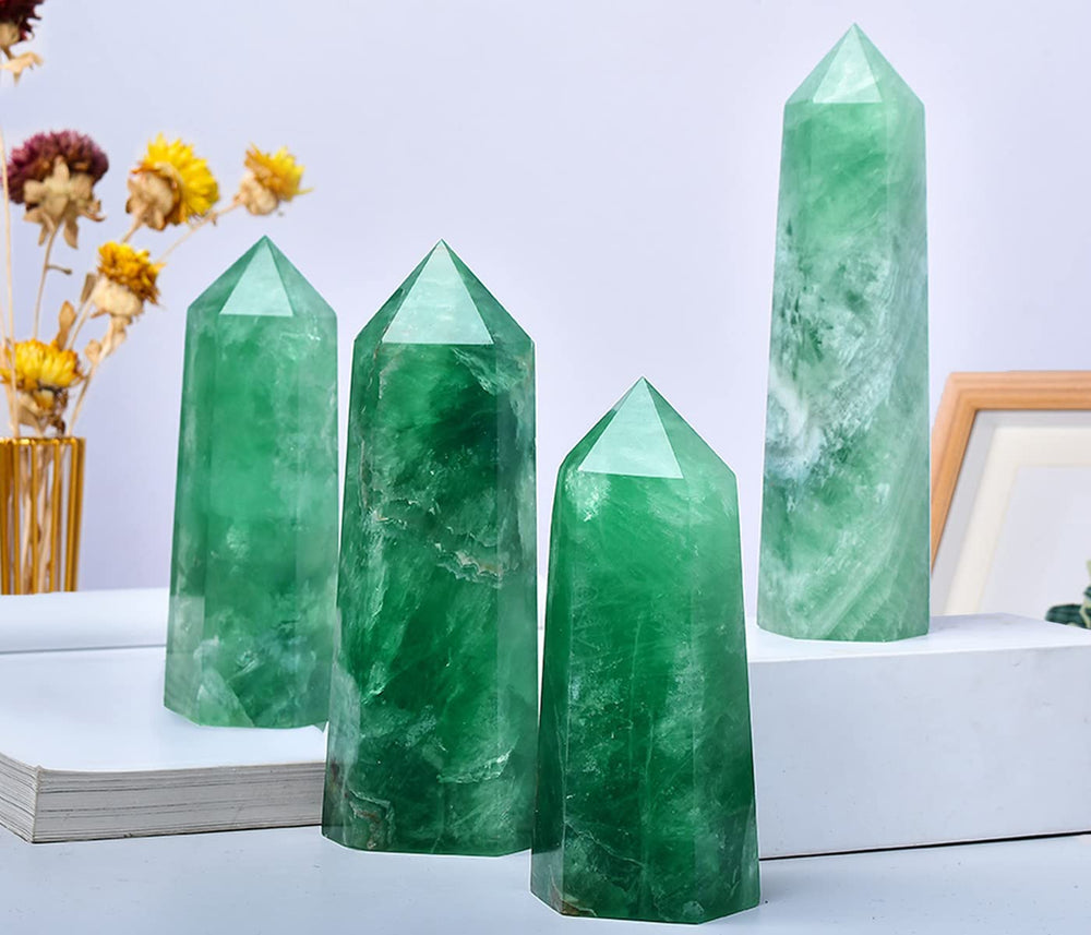 MOGEMT Green Fluorite Obelisk Tower in workspace promotes calm focus
