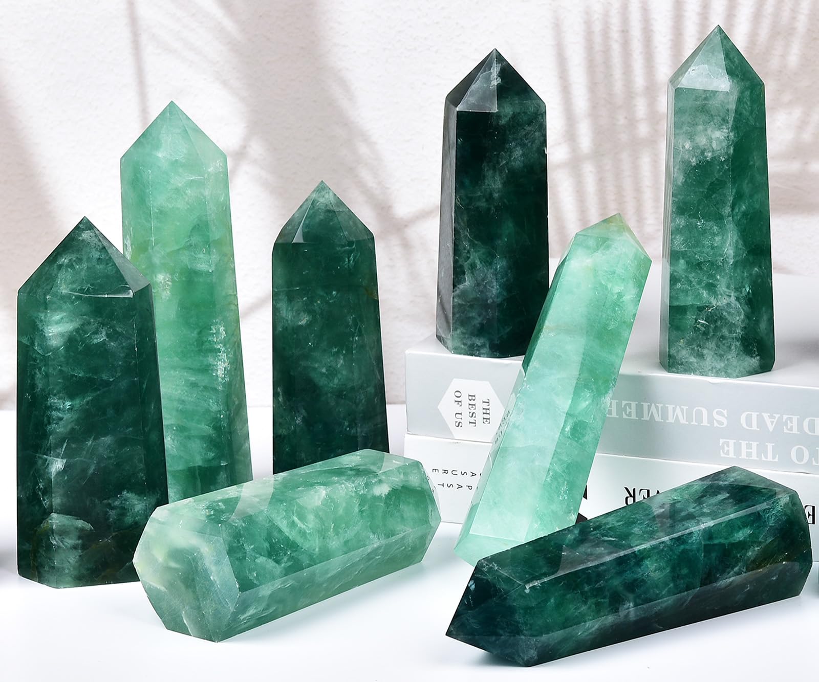 MOGEMT Green Fluorite Obelisk Tower on altar elevates meditative energy