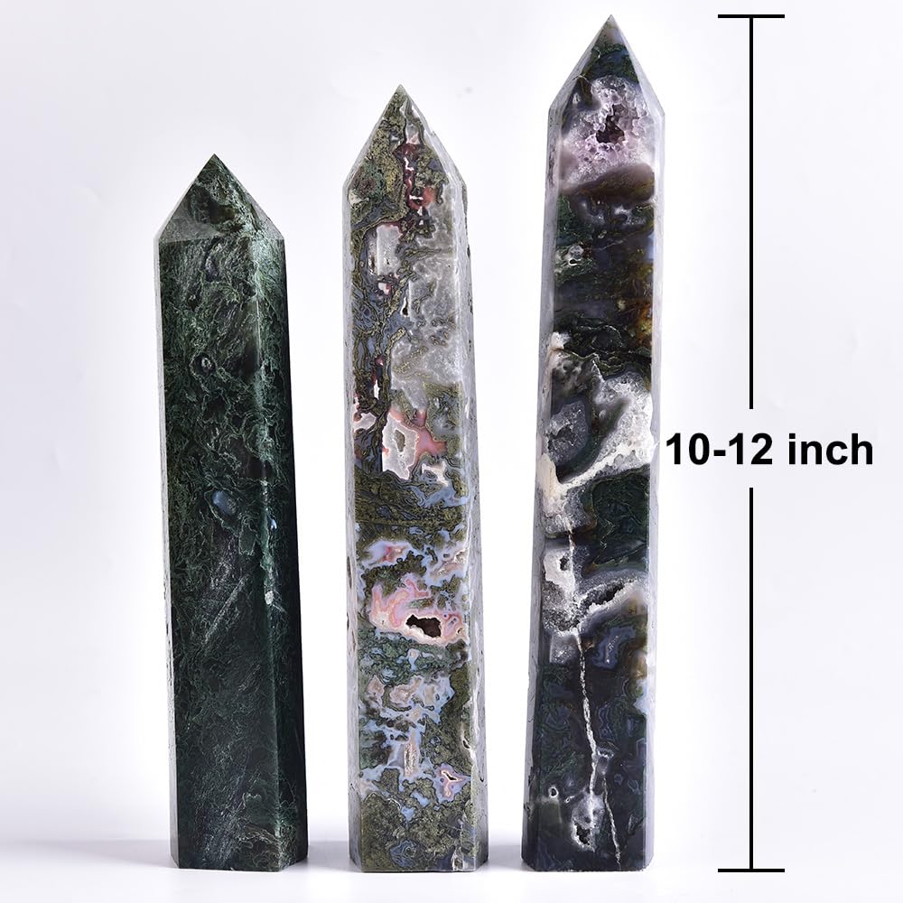 MOGEMT Moss Agate Crystal Tower displayed on an altar with tranquil energy.