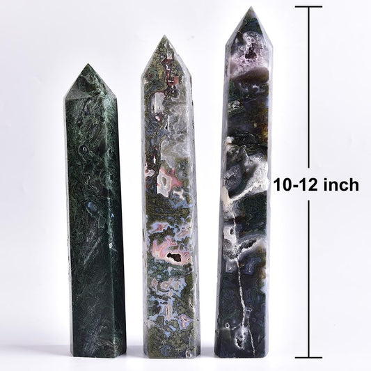 MOGEMT Moss Agate Crystal Tower displayed on an altar with tranquil energy.