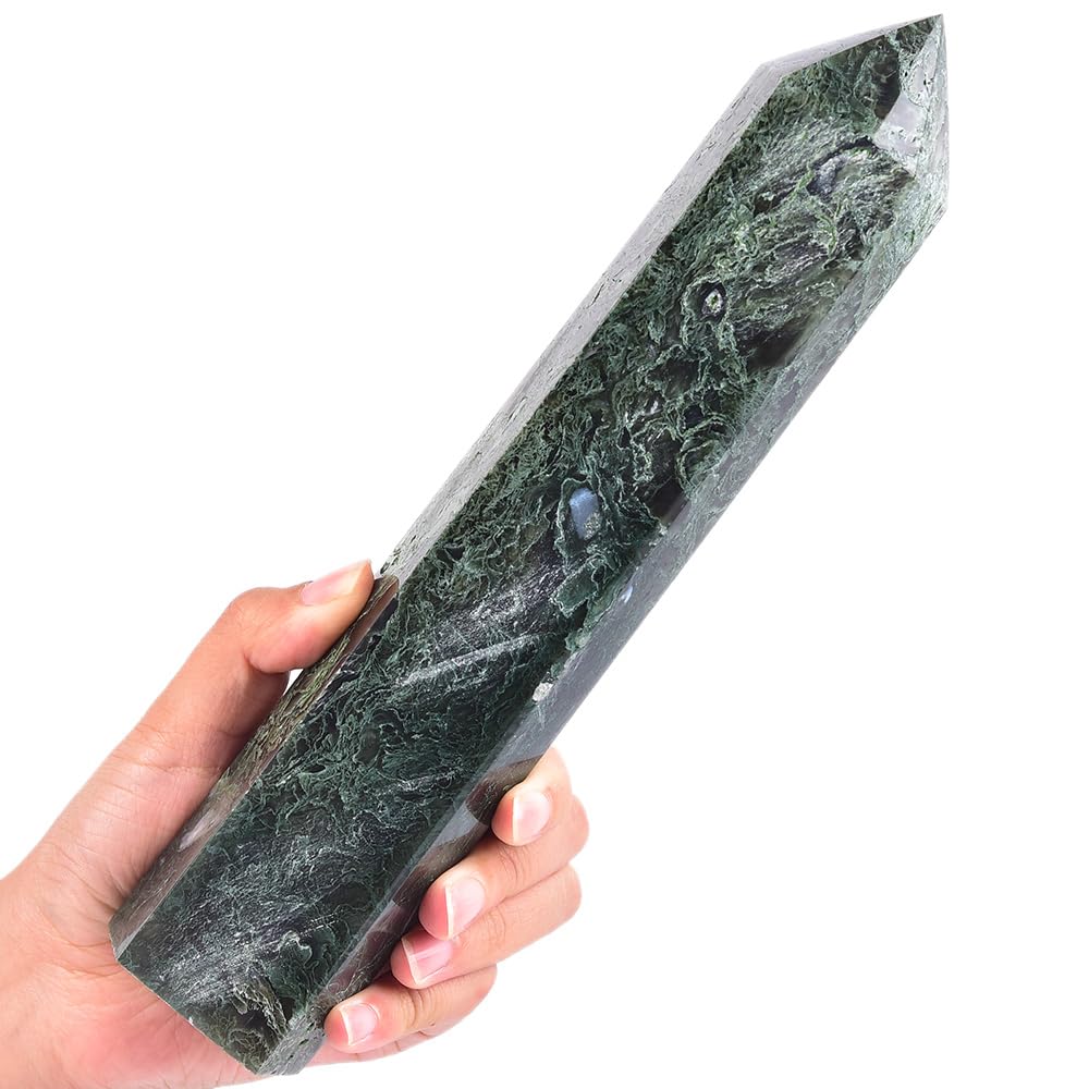 MOGEMT Moss Agate Crystal Tower closeup showing natural patterns for meditation and emotional balance.