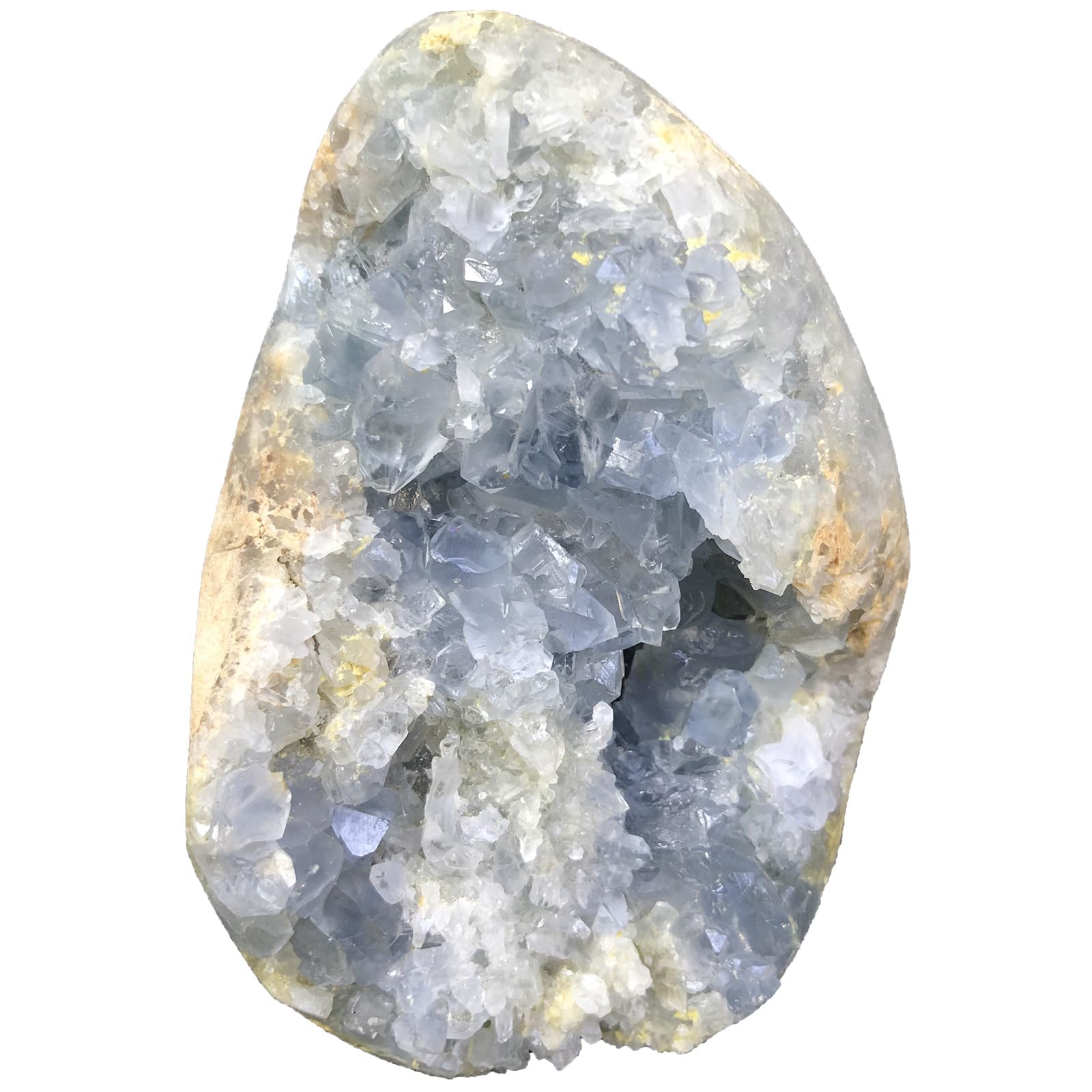 MOGEMT raw blue celestite geode close-up for calming energy in meditation spaces.