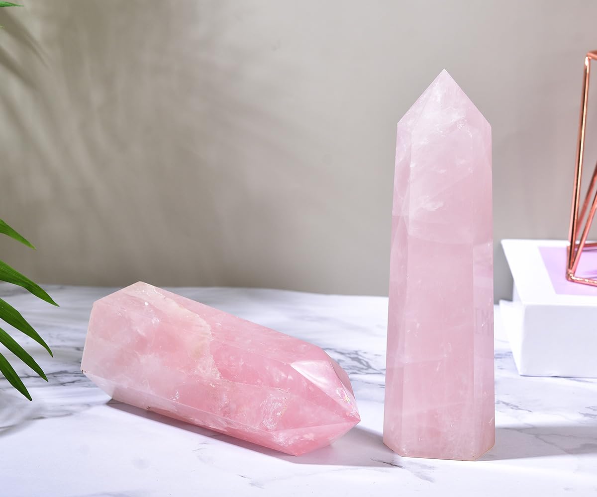 MOGEMT Rose Quartz wand on an altar grid supports meditation practice