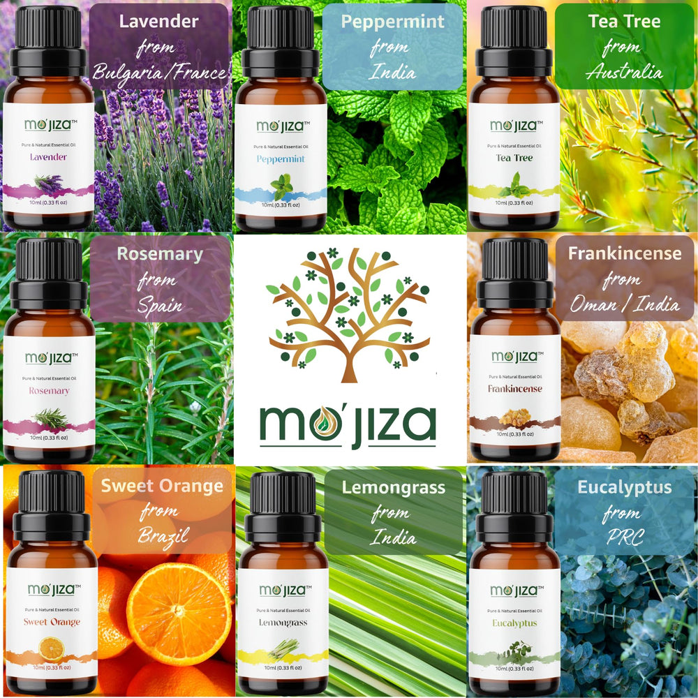 MO'JIZA amber glass bottles protecting potency for long-lasting oils.