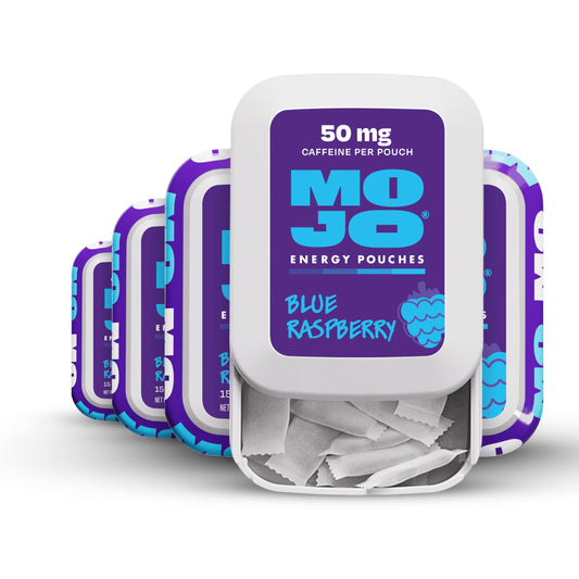 MOJO Energy Pouches blue raspberry flavor pack front for on-the-go energy.