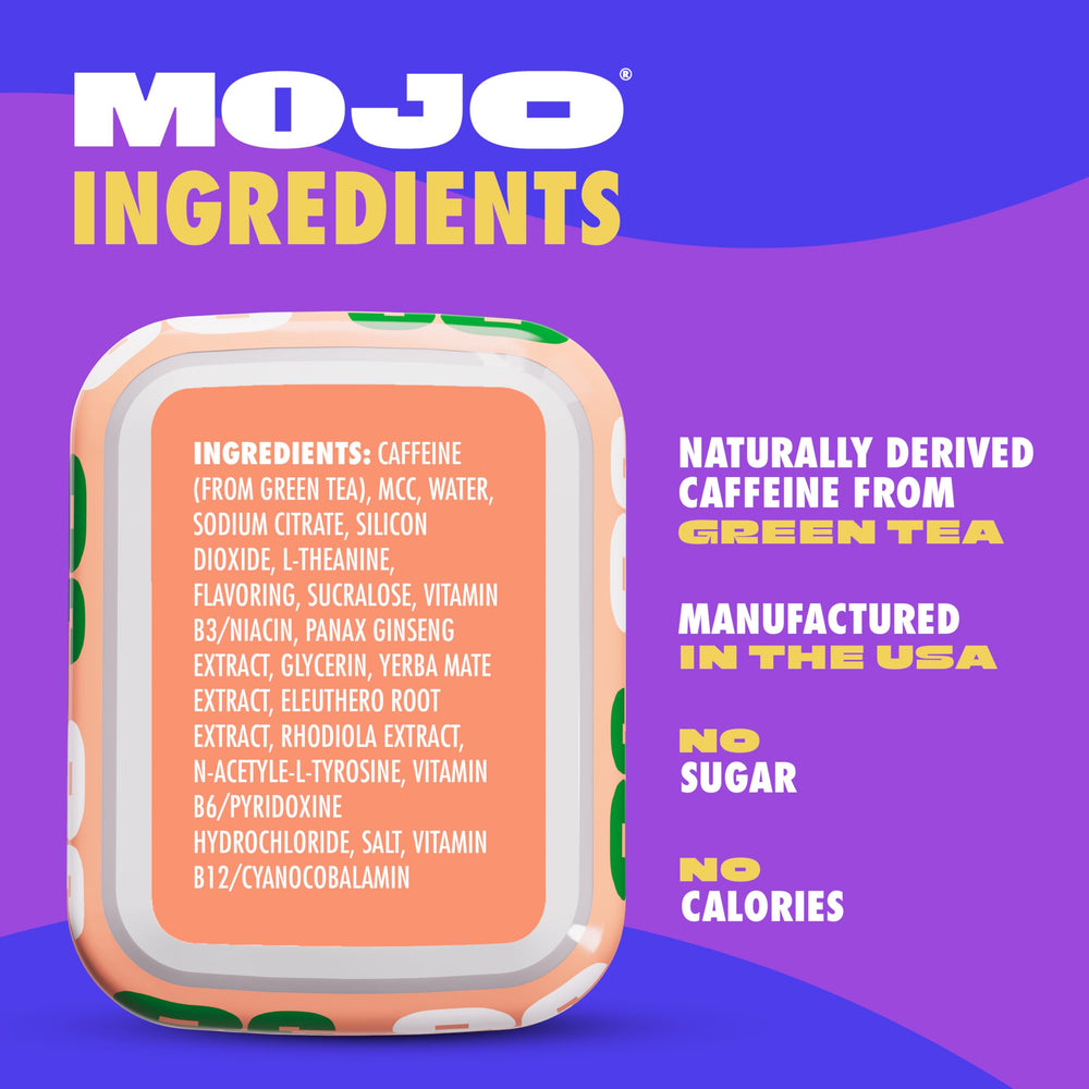 MOJO Energy Pouches packaging detail highlighting flavor options